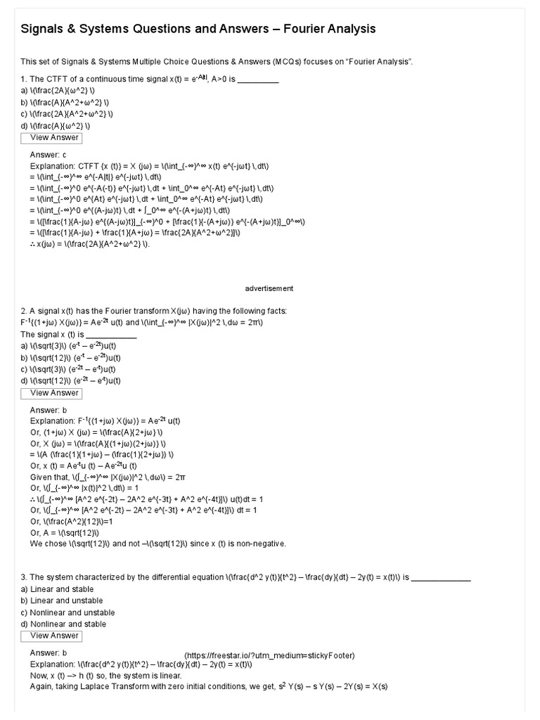 Unit 3 Fourier Analysis Questions And Answers Sanfoundry Pdf Pdf Nonlinear System Fourier Series