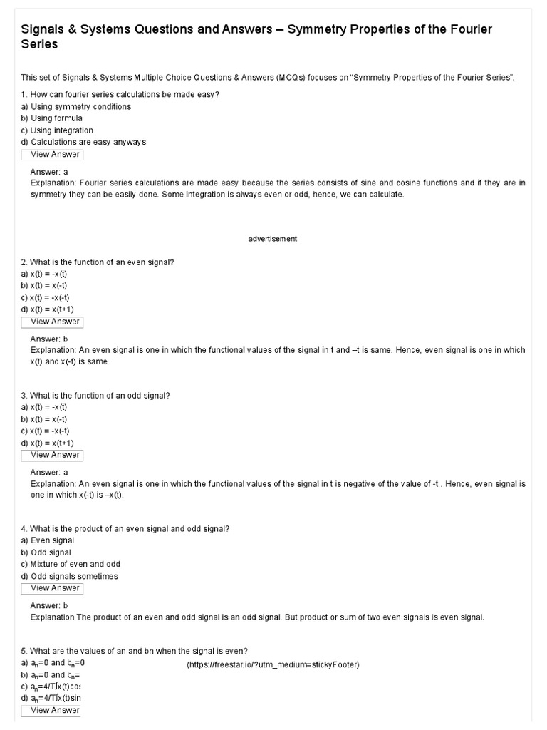 Unit 3 Fourier Series Symmetry Properties Questions And Answers Sanfoundry Fourier Transform Fourier Series