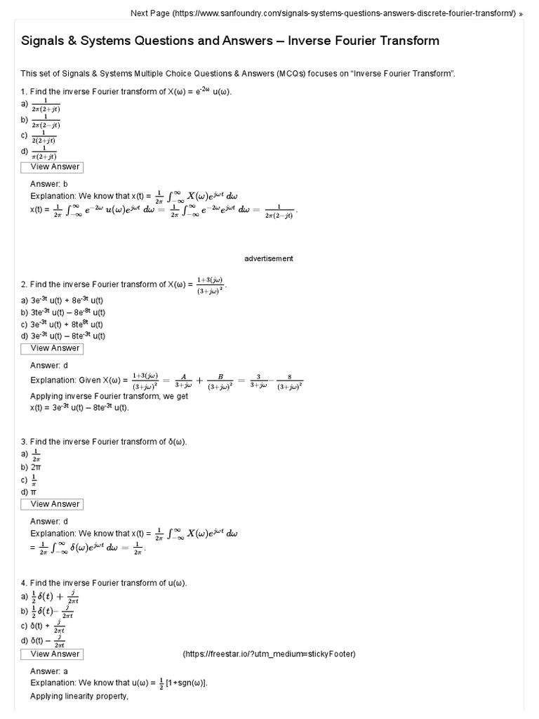 Unit 3 Inverse Fourier Transform Questions And Answers Sanfoundry Pdf Applied Mathematics Technology Engineering
