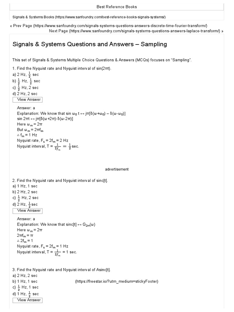 Sampling Signals Systems Questions And Answers Spectral Density Digital Signal Processing