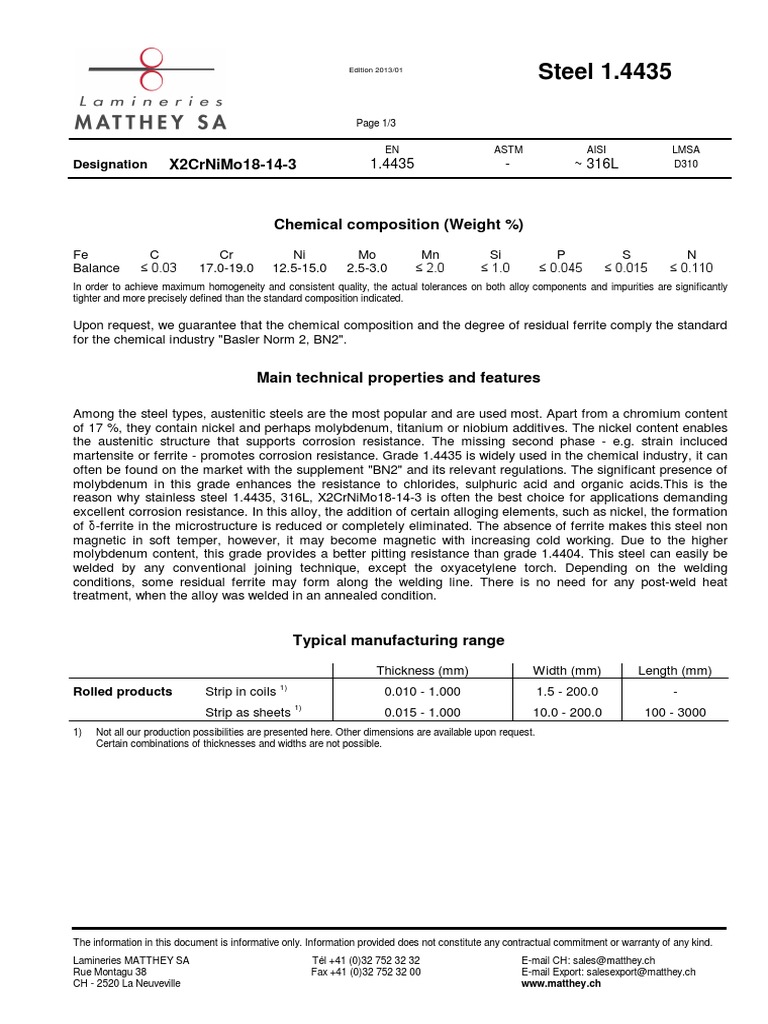 1.4435 Stainless Steel Overview | PDF | Stainless Steel | Steel