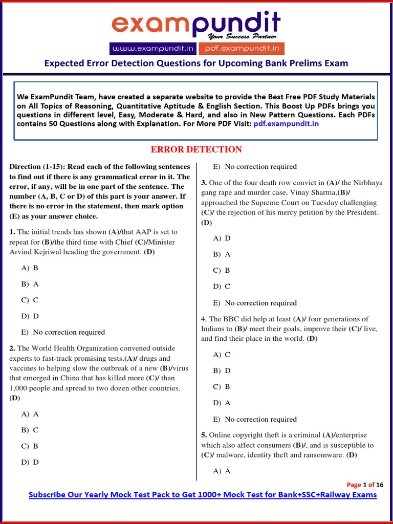 Expected Error Detection Questions For Bank Prelims Exam PDF