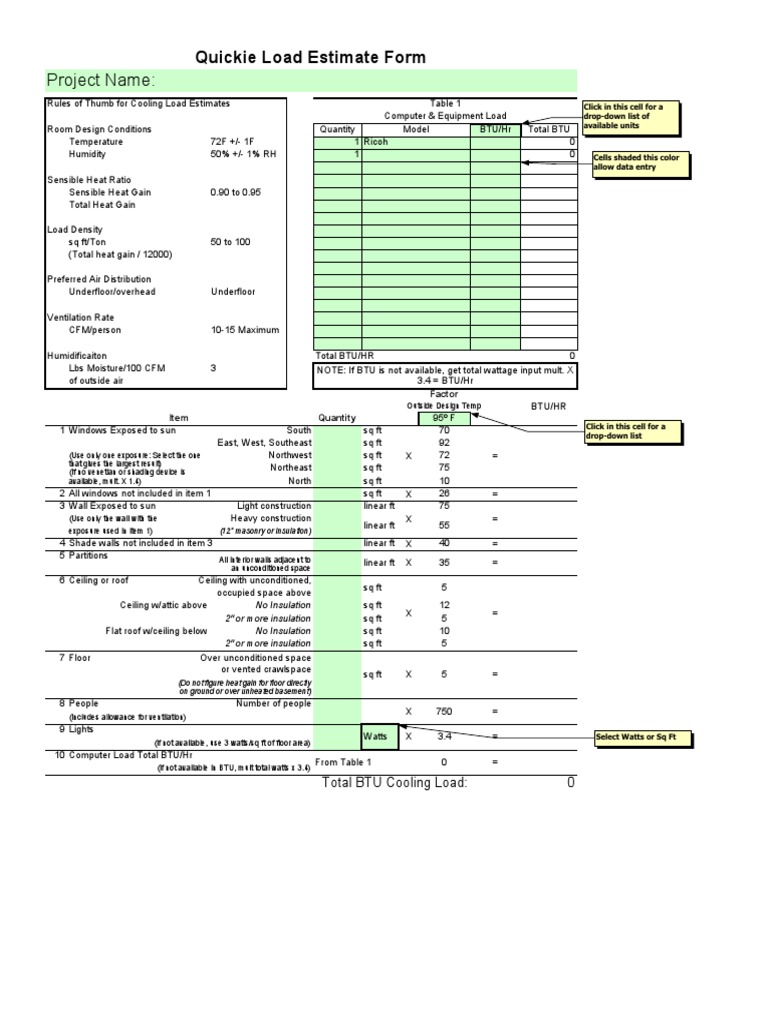Quickie Load Estimate Form: Project Name | PDF | Basement | Building ...