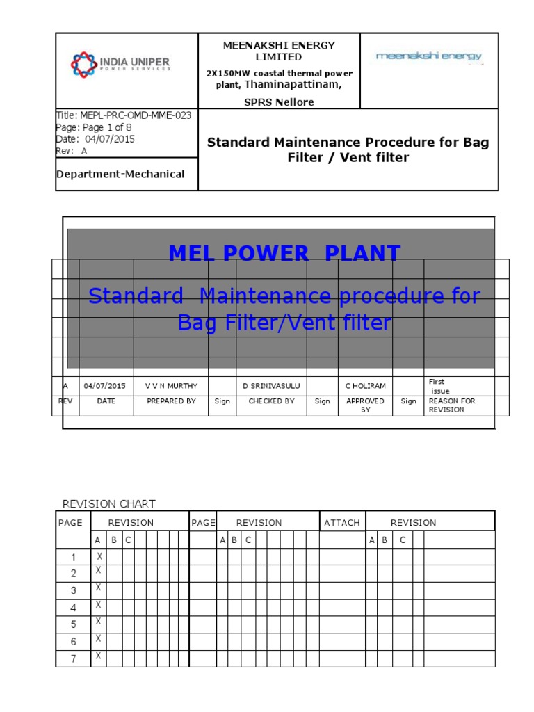 Standard Maintenance Procedure For Bag Filter/Vent Filter Mel Power