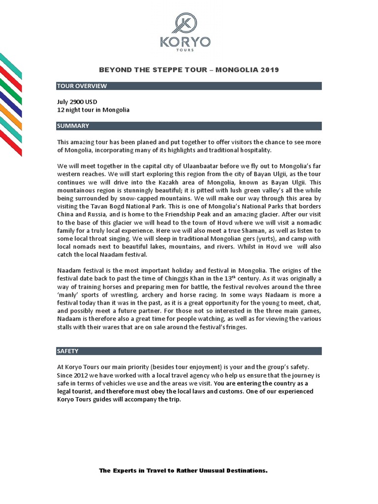 Tour Overview: July 2900 USD 12 Night Tour in Mongolia | PDF | Mongolia