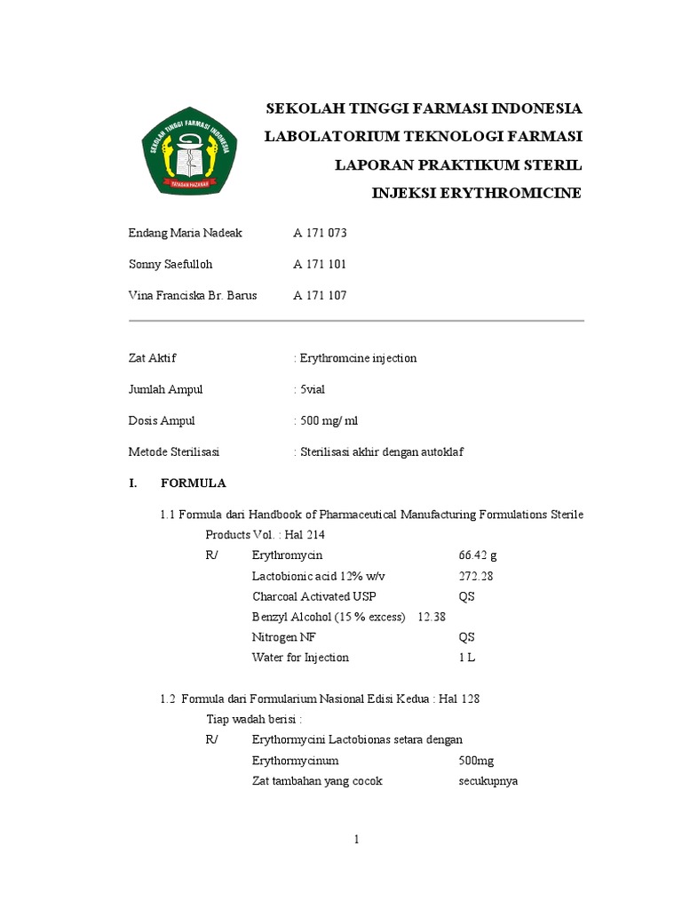Formulasi dan Sterilisasi Eritromisin Injeksi | PDF