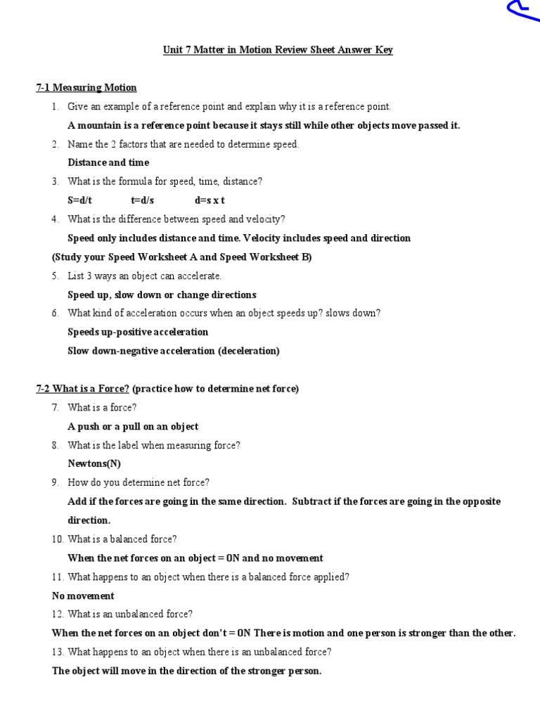 Unit 7 Motion Review Answer Key | PDF | Acceleration | Force
