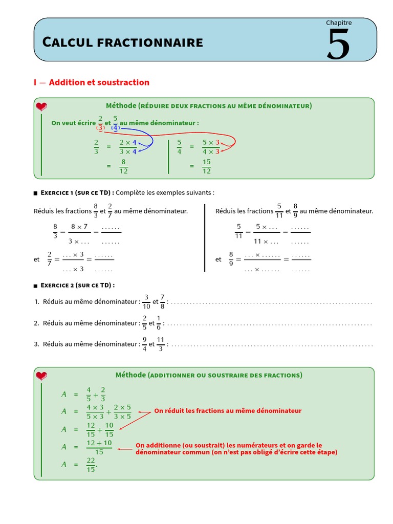 Réduire Des Fractions Au Même Dénominateur Exercices Pdf Calcul Fractionnaire Resume de Cours Et Travaux Diriges 1 PDF | PDF |  Fraction (Mathématiques) | Division