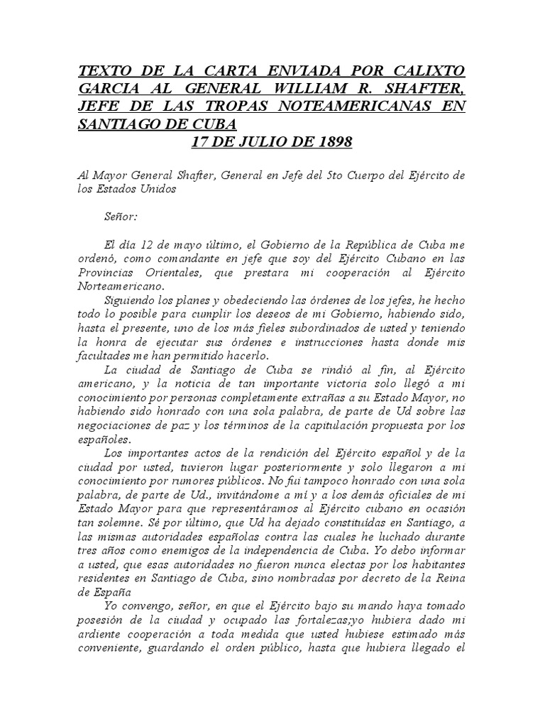 Carta de Calix5to Garcia Al General SHAFTER  PDF  Cuba  Conflictos