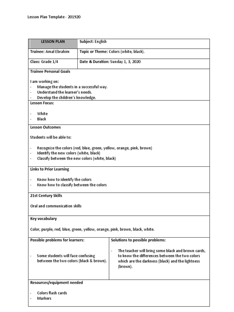 Lesson Plan White Black | PDF | Lesson Plan | Color