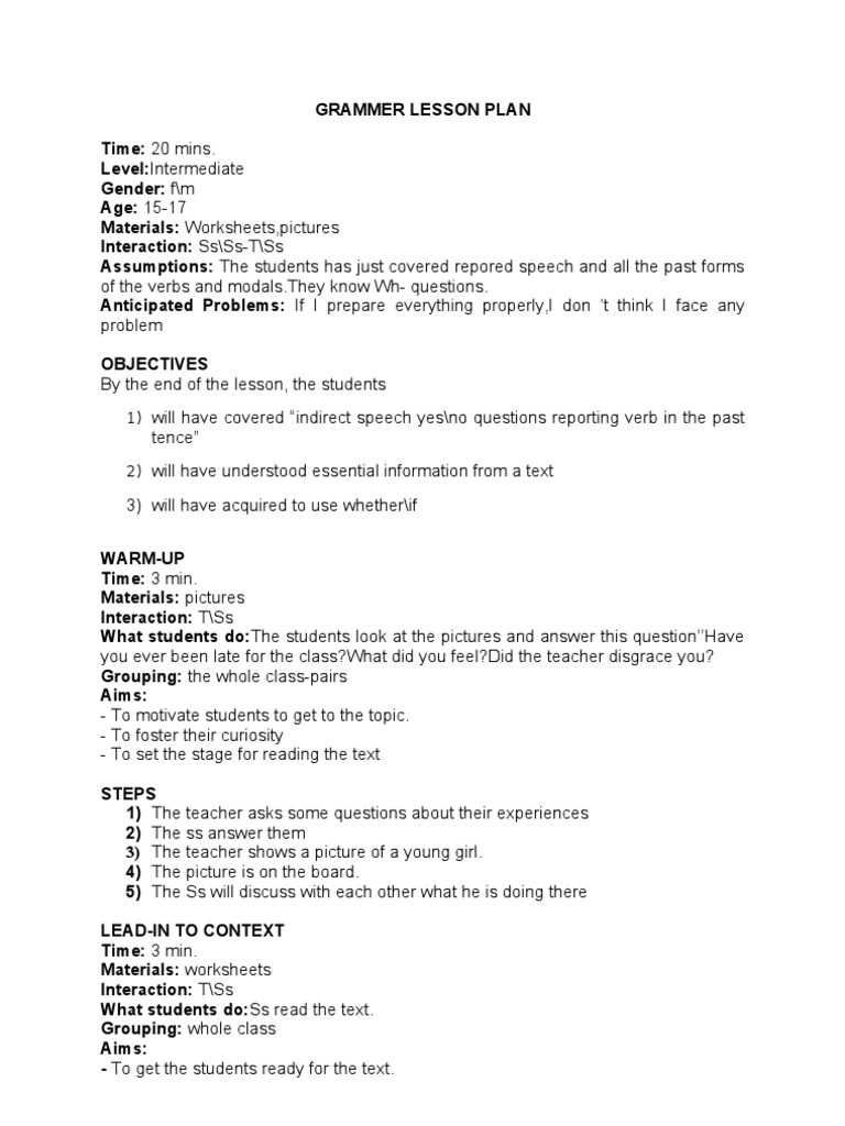 Lesson Plan Grammer | PDF | Question | Lesson Plan