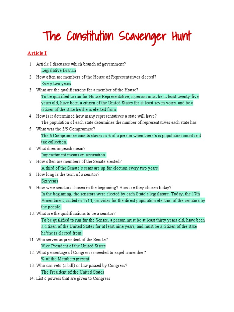 The Constitution Scavenger Hunt PDF Article Three Of The United