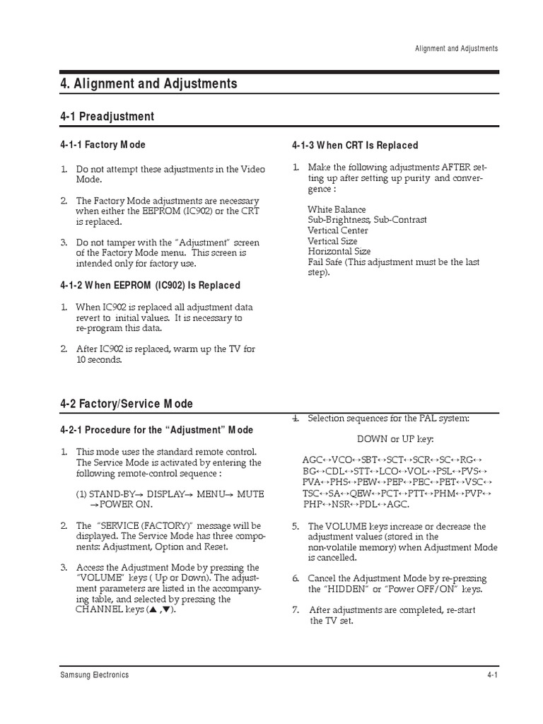 Alignment and Adjustments: 4-1 Preadjustment | PDF | Display Technology ...