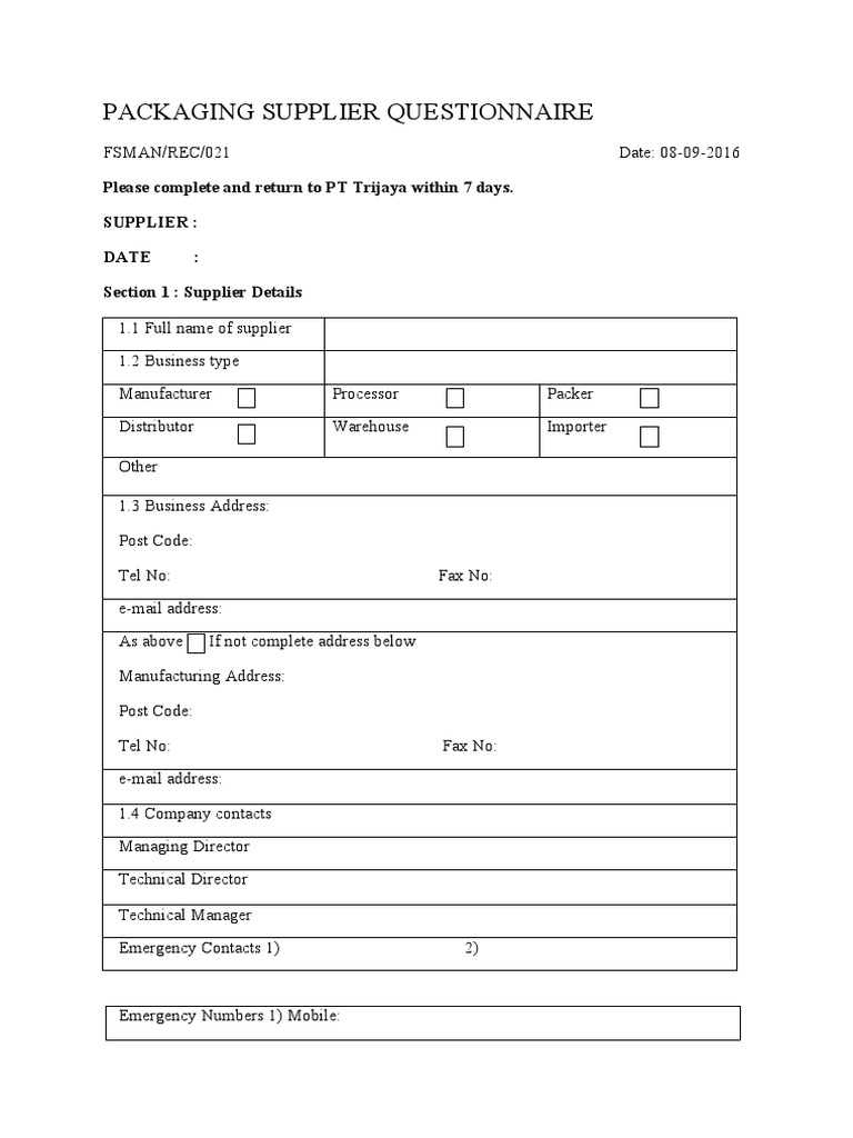 Packaging Supplier Approval Questionnaire | PDF | Packaging And ...