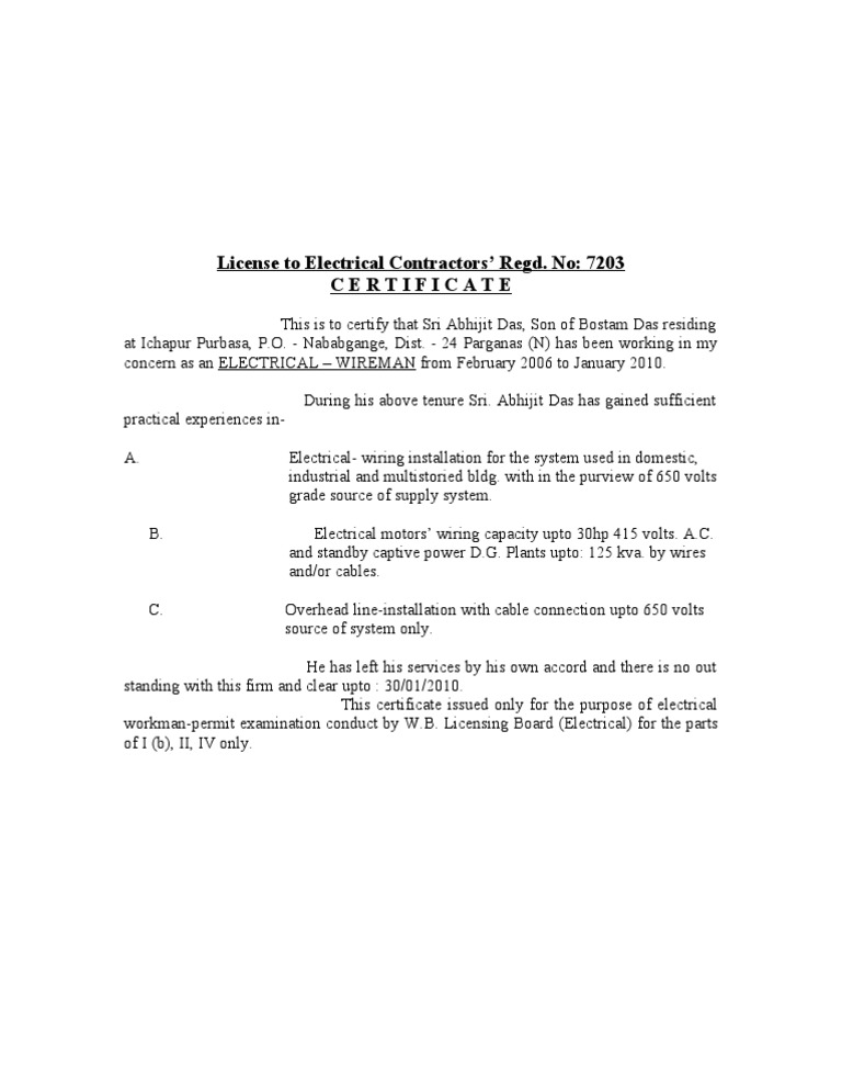 Electrical Workman Permit Certificate | PDF