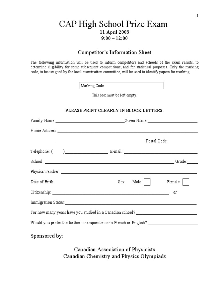 CAP High School Prize Exam Competitor's Information Sheet PDF