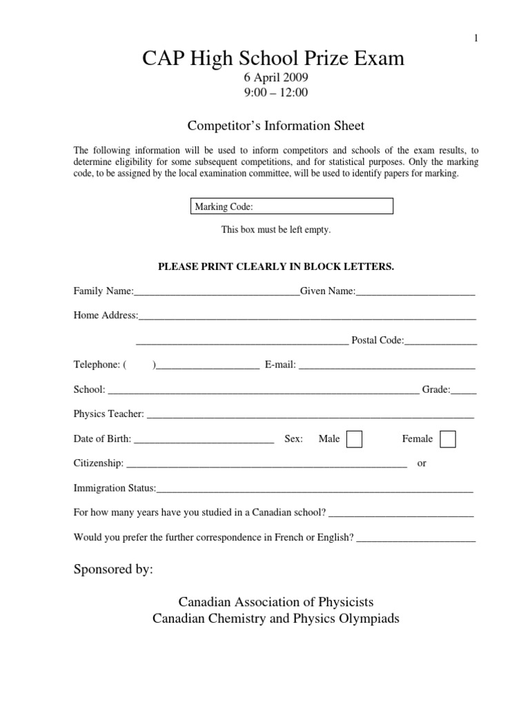 CAP High School Prize Exam Competitor's Information Sheet PDF Mass
