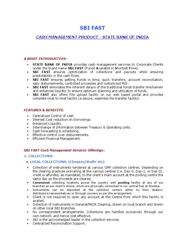 Sbi Fast Cash Management Product State Bank of India PDF Cheque