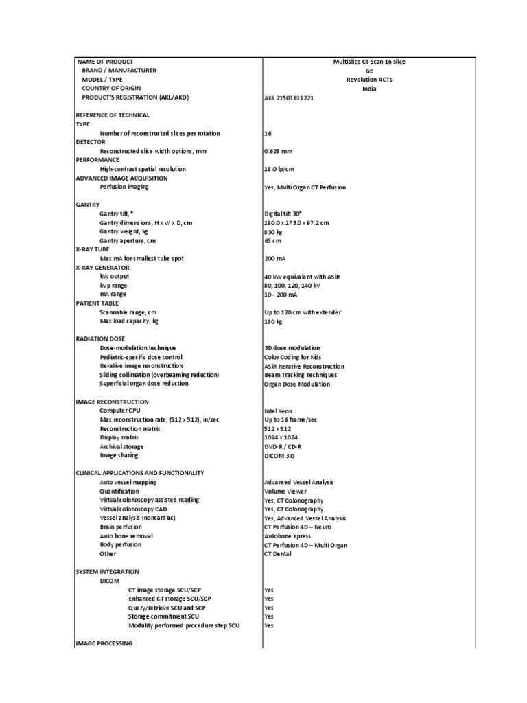 16-Slice Multislice CT Scan Specifications | PDF | Ct Scan | Medical ...