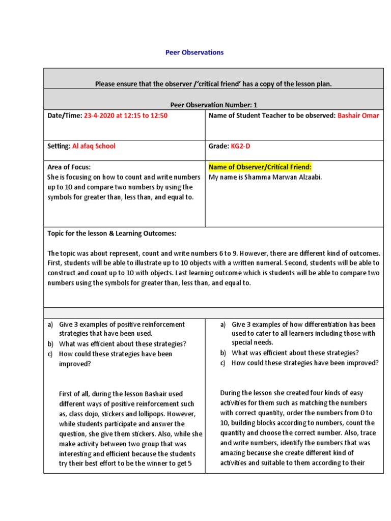 Peer Observations | PDF | Lesson Plan | Educational Assessment
