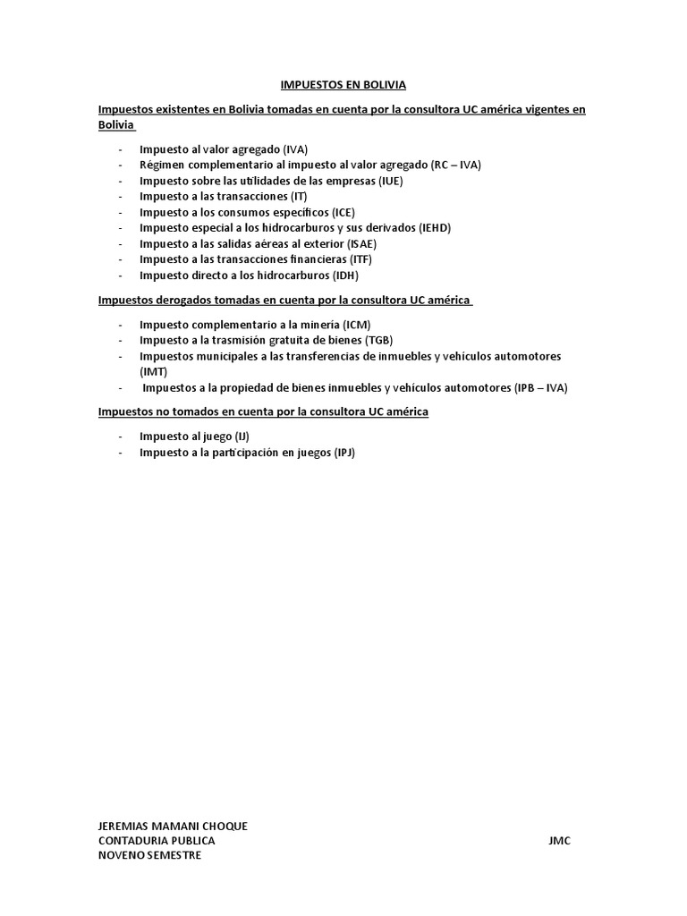Impuestos Vigentes en Bolivia | PDF