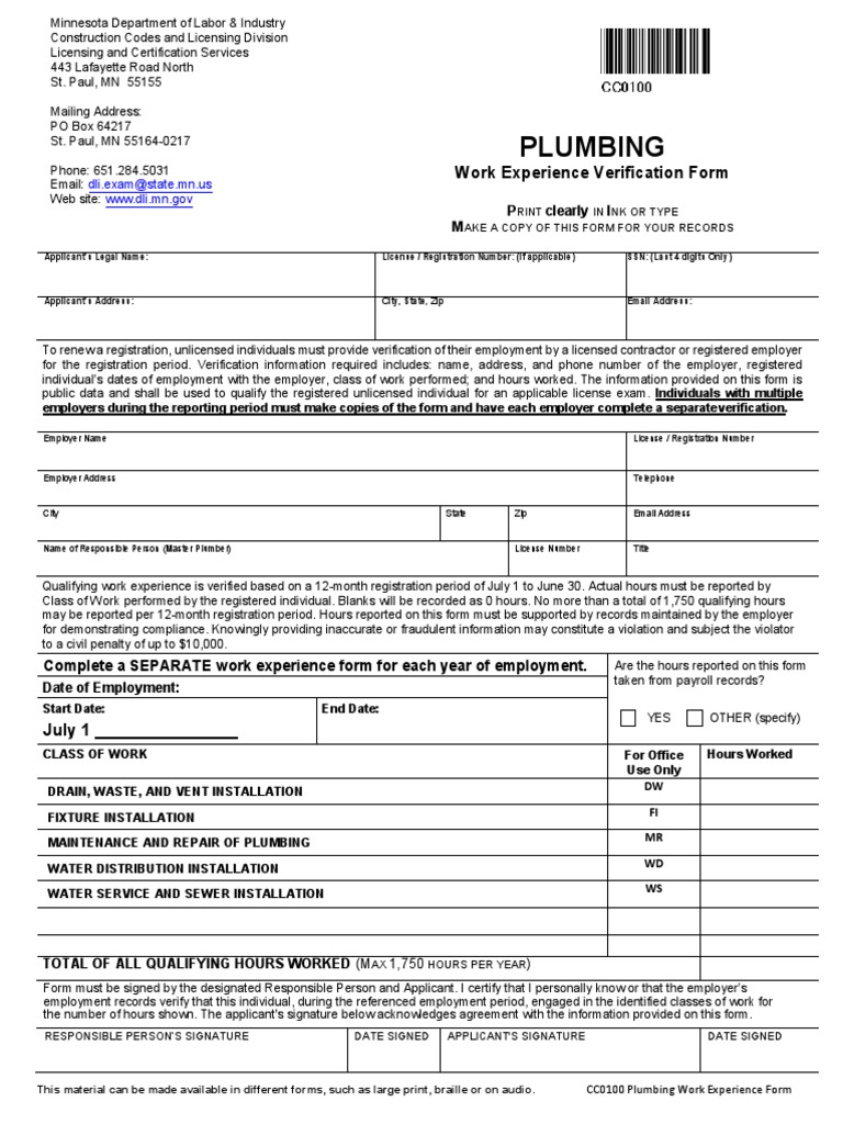 Verification of Plumbing Work Experience for License Renewal PDF Apprenticeship Plumbing