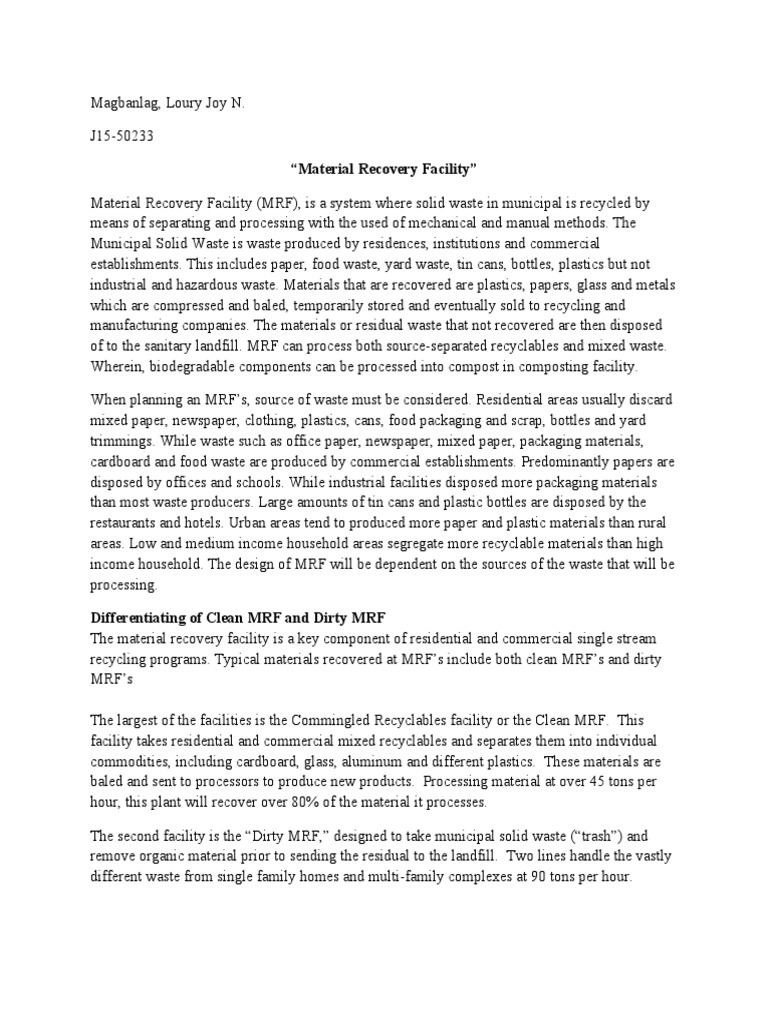 Overview of Material Recovery Facilities | PDF | Municipal Solid Waste ...