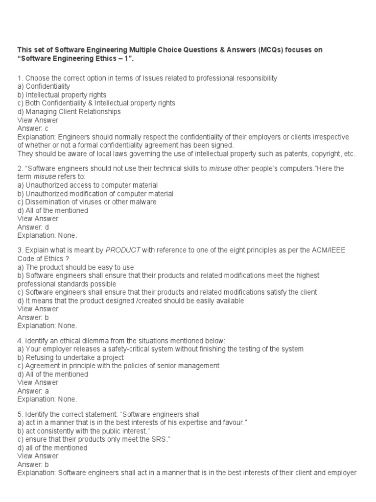 This Set of Software Engineering Multiple Choice Questions & Answers