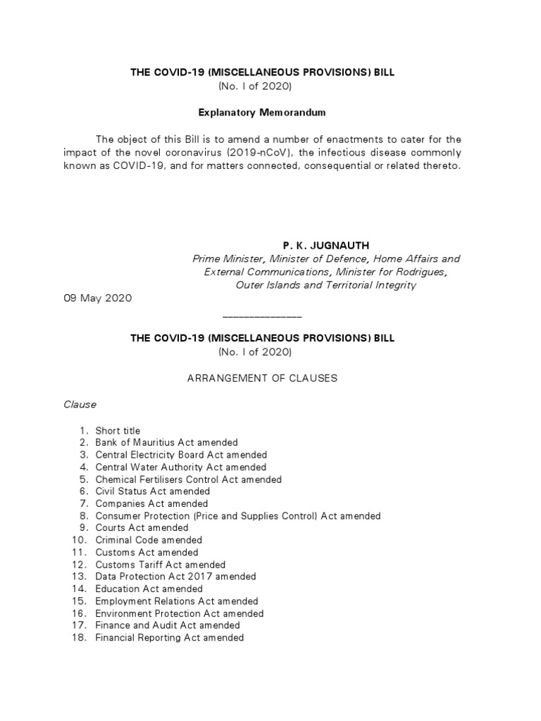 The Covid19 (Miscellaneous Provisions) Bill PDF License Taxes