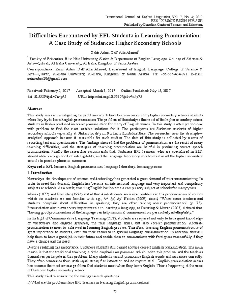 Difficulties Encountered by EFL Students in Learning Pronunciation: A ...