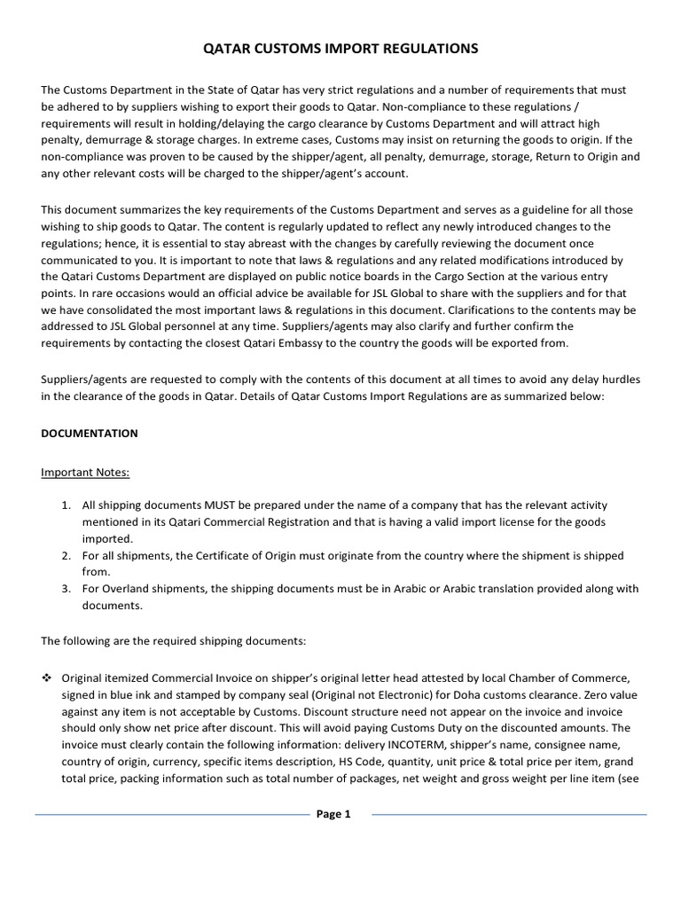 Qatar Customs Import Regulations PDF | PDF | Customs | Cargo