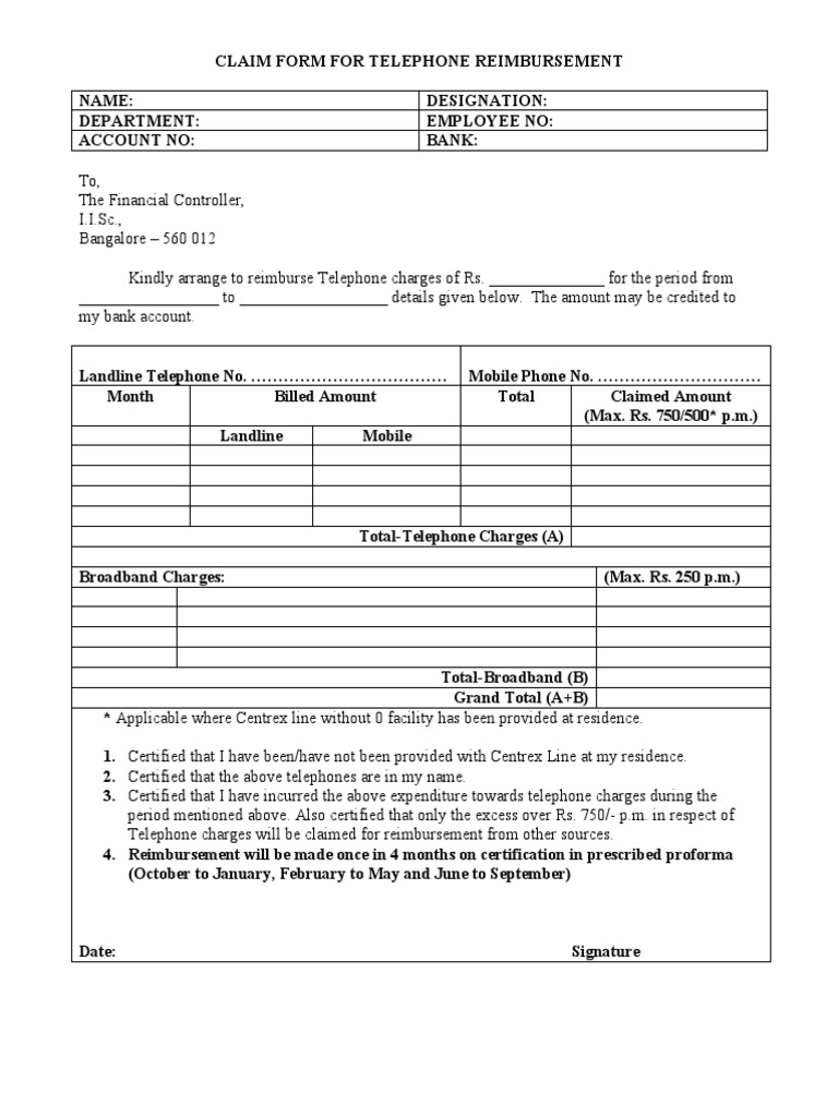 Telephone Reimbursement Claim Form | PDF | Finance & Money Management
