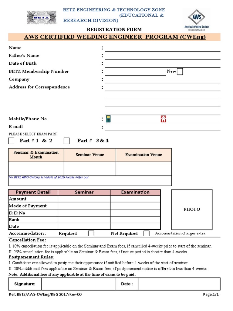 Aws Certified Welding Engineer Program (Cweng) : Registration Form | PDF