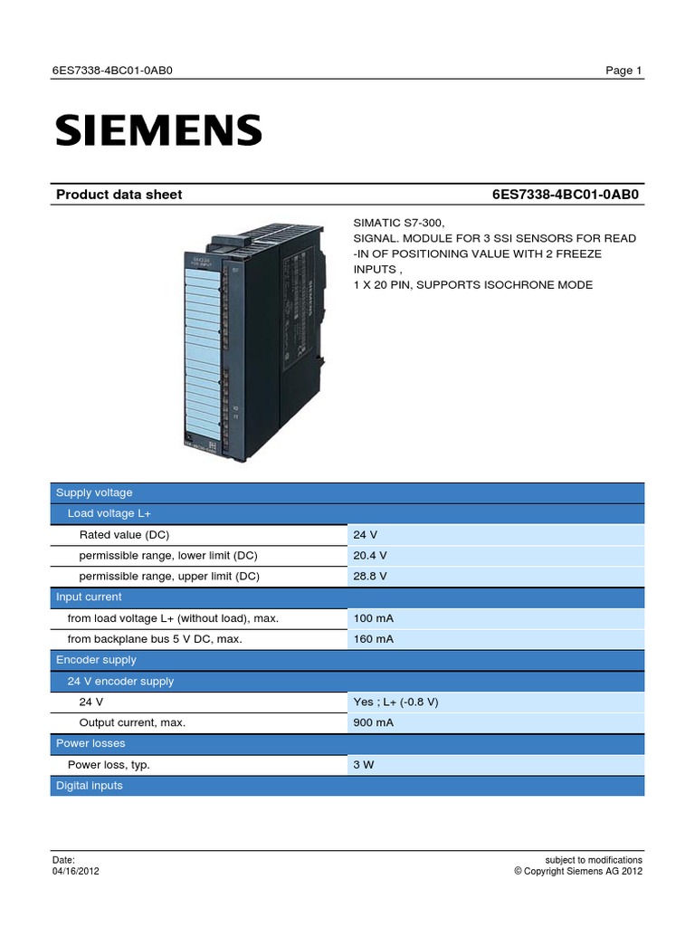 Siemens Simatic S7-300 SM338 6ES7338-4BC00 - 0AB0 Positioning Module ...