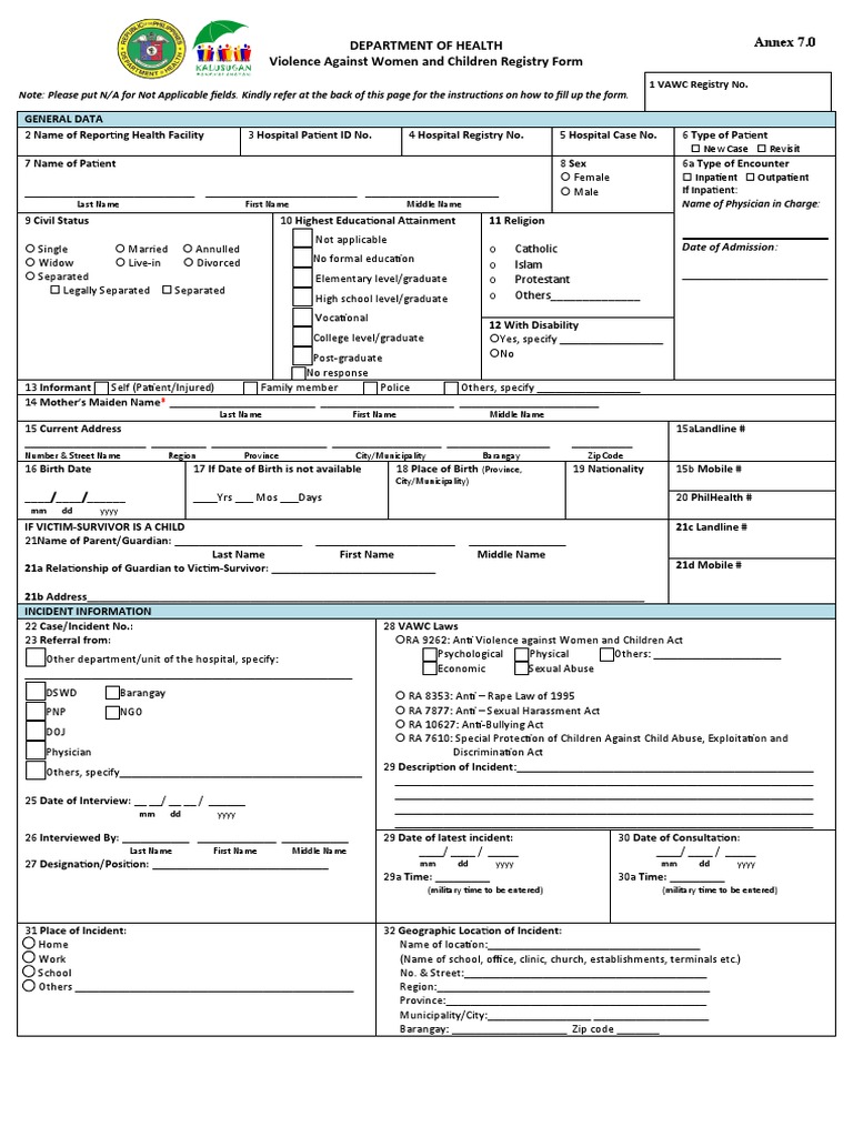 Violence Against Women and Children Form | PDF | Patient | Rape