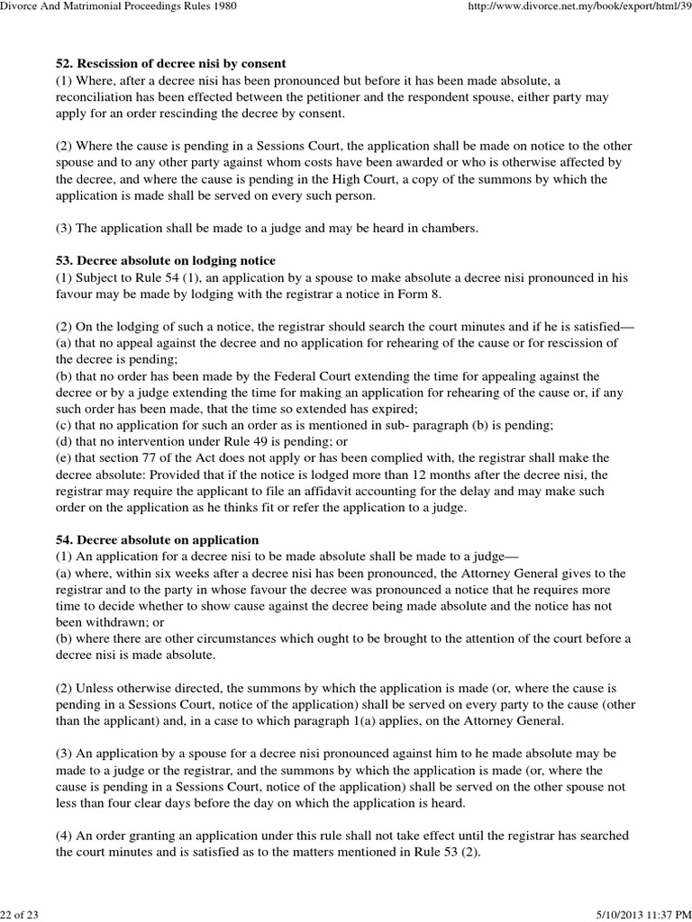Rule 53 1 Divorce And Matrimonial Proceedings Rules 1980 Pdf Summons Divorce
