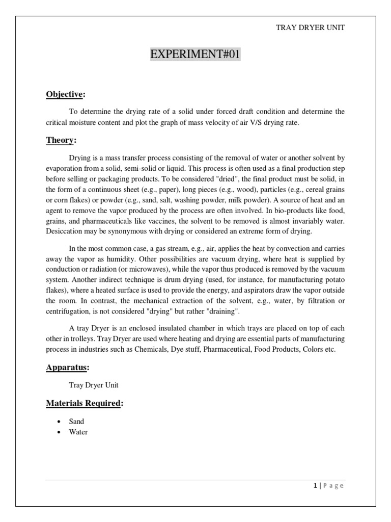 Tray Dryer Unit (Lab Experiment) PDF Applied And Interdisciplinary