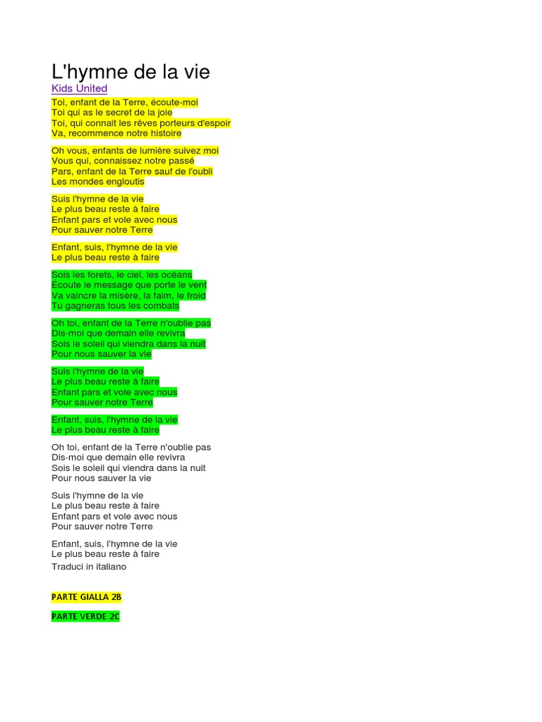 Paroles De Kids United L hymne De La Vie L'hYmne de La Vie PDF | PDF