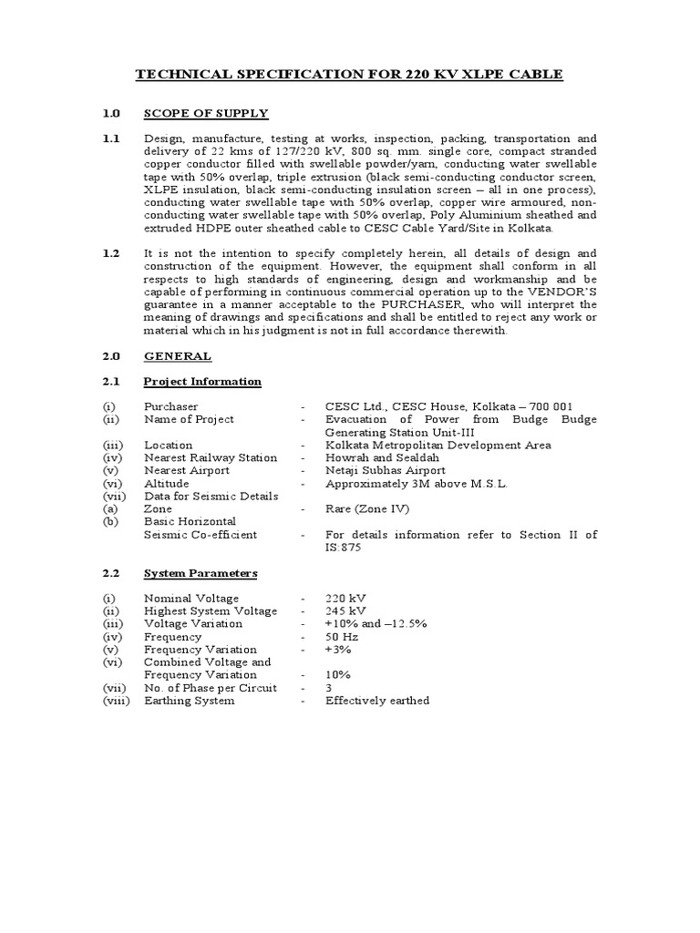 220 kV XLPE Cable Technical Specs | PDF | Insulator (Electricity ...