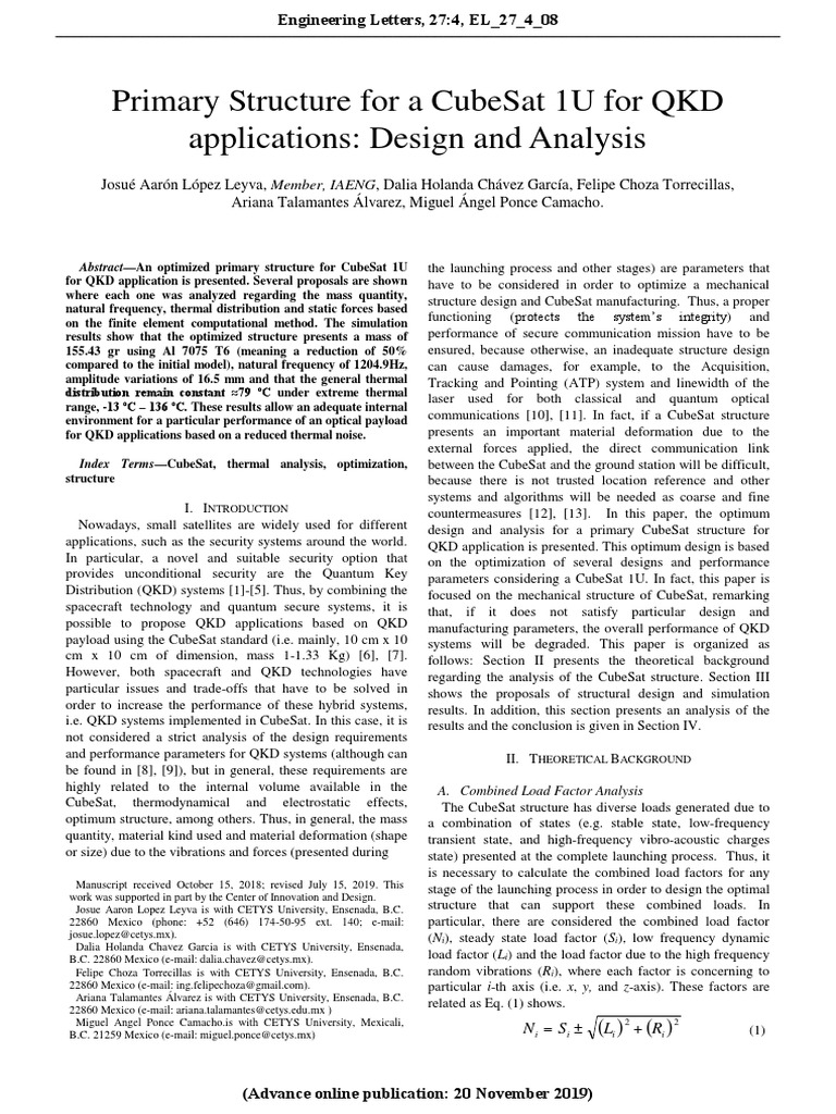 Primary Structure For A Cubesat 1U For QKD Applications: Design and ...