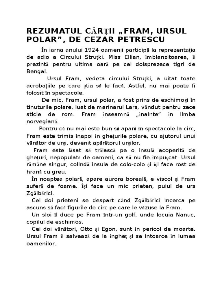 Rezumat Fram Ursul Polar 10 15 Randuri Rezumat Fram, Ursul Polar | PDF