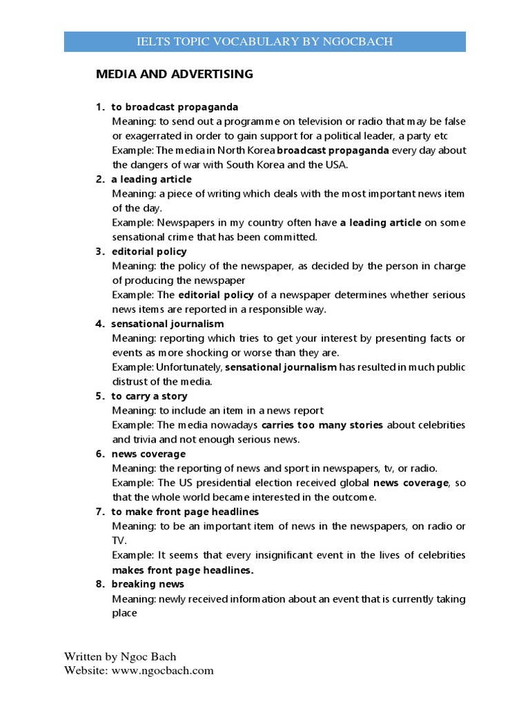 Media and Advertising - Topic Vocabulary - Ngocbach | PDF | Newspapers ...