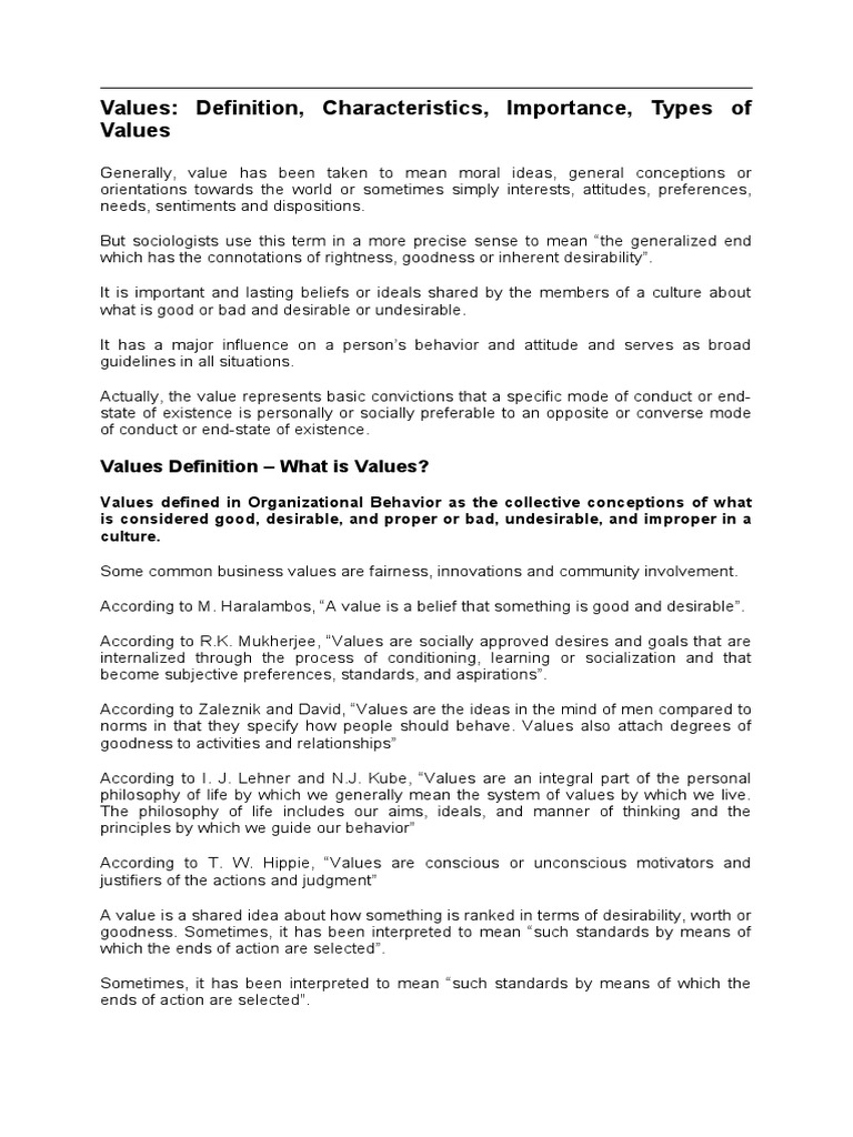 Values definition characteristics importance types of values pdf
