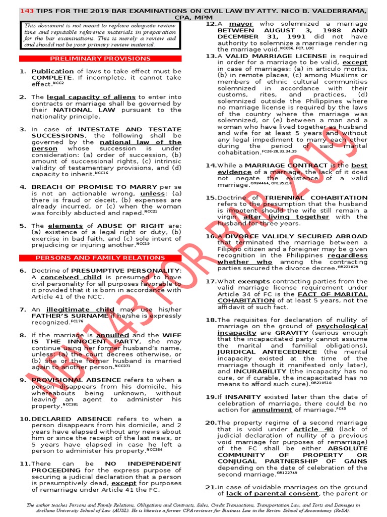 143 Civil Law Tips for Bar Exam 2019 | PDF | Will And Testament | Annulment