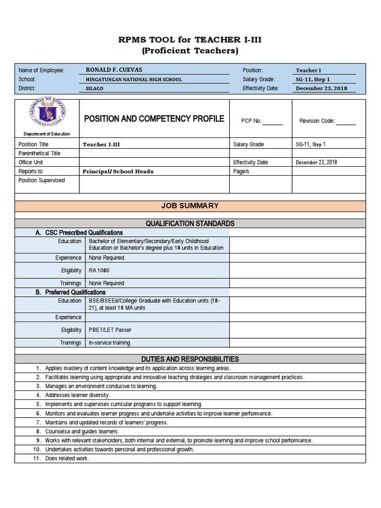 Ipcrf Sample | PDF | Lesson | Teachers