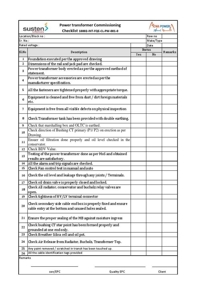 Power transformer Commissioning Checklist 18002INTFQECLPW0010