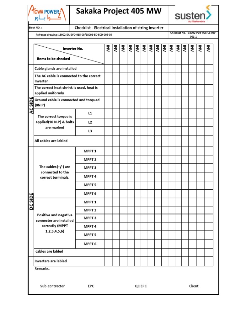 String Inverter Installation Checklist | PDF | Power Inverter | Power ...