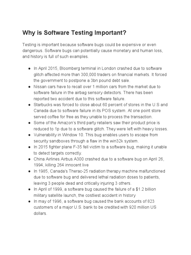 The Importance of Software Testing: Costly Consequences of Bugs and a ...