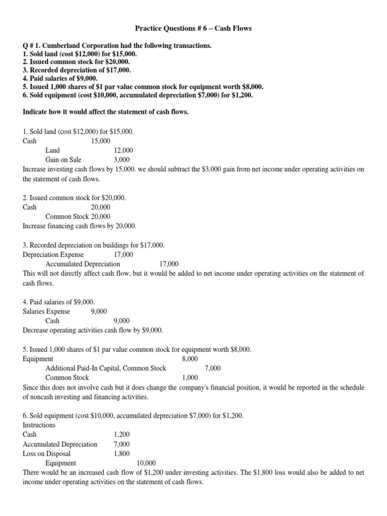 Cash Flow Statement Practice Questions | PDF | Cash Flow Statement ...