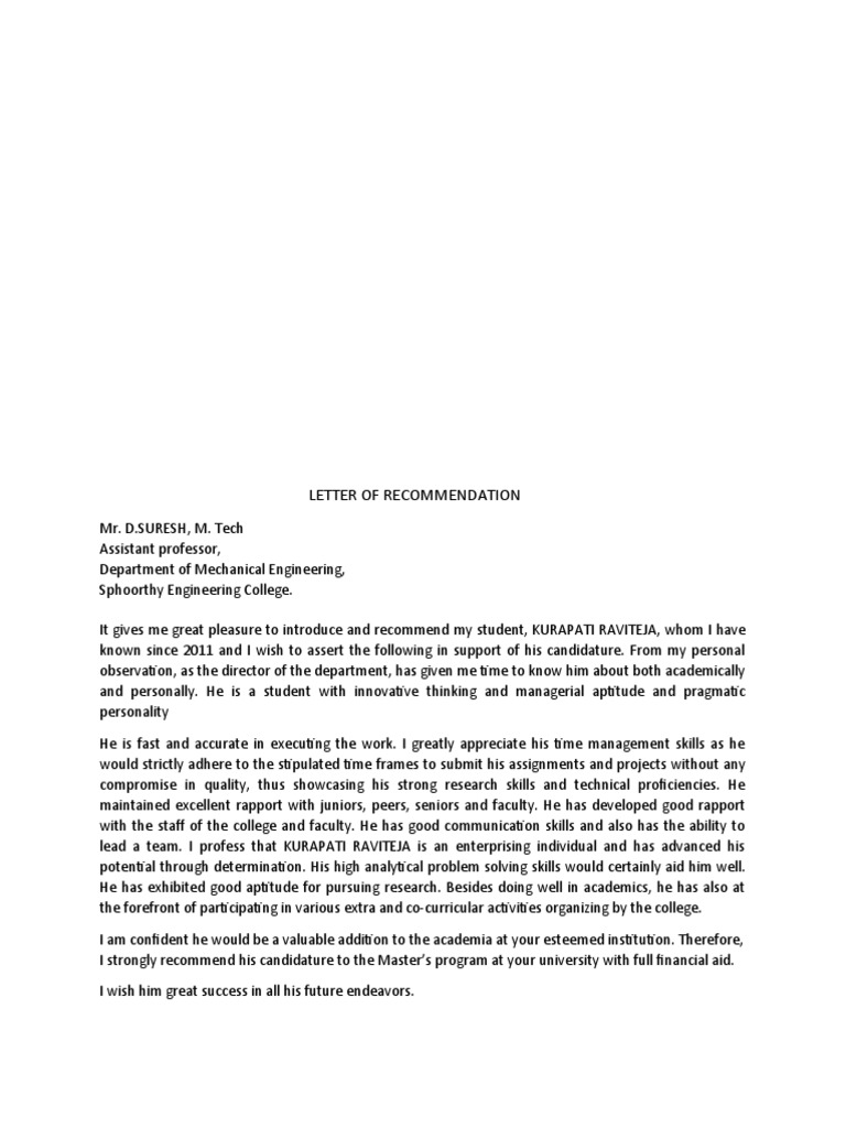 LETTER OF RECOMMENDATION Teja | PDF